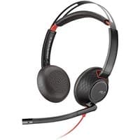 Black HP Poly lckwire 5220 wired headset with cushioned ear cups, adjustable headband, and red accents.