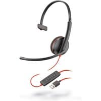 Black HP Poly headset with single ear cup, adjustable headband, red accents, USB connector, and inline controls.