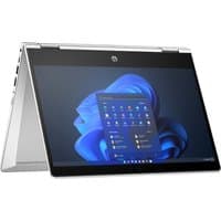 Silver HP Pro x360 435 G10 laptop in tent mode, touchscreen with Windows interface, sleek design.