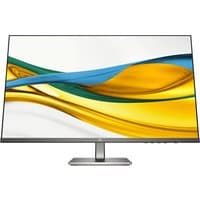 HP Series 5 27-inch FHD monitor with slim bezels, silver stand, and vibrant screen displaying abstract yellow and blue waves.