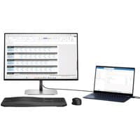 HP Series 5 Pro 24 inch WUXGA Monitor, slim black bezel, silver stand, connected to a laptop with keyboard and mouse.