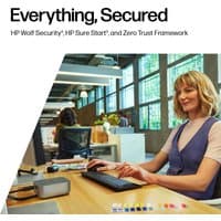 Black rectangular HP Thunderbolt 4 100W G6 Dock with multiple ports on the side, placed on a wooden desk.