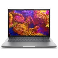 Silver HP ZBook laptop with AMD Ryzen, slim bezels, backlit keyboard, vibrant display showing abstract colorful design