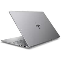Silver HP ZBook 8 G1i laptop with 16" screen, sleek design, backlit keyboard, and HP logo on lid.