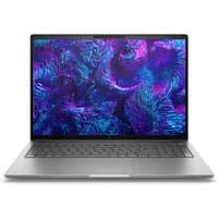 Silver HP ZBook 8 laptop with 16-inch display, black keyboard, and vibrant abstract screen design.