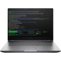 Silver HP ZBook Fury G1i workstation, 18" display, black keyboard, running code, sleek design, Windows 11 Pro.