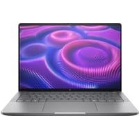 Sleek silver HP ZBook Ultra G1a laptop with thin bezels, backlit keyboard, and vibrant display showing abstract purple design