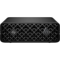 Black HP mini PC with lattice front design, AI logo, and HP emblem on the front panel.