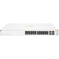White HPE Aruba 24-port Gigabit Ethernet switch with 4 SFP/SFP+ ports, rack-mountable design, and PoE capabilities.