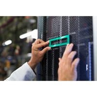 HPE Trusted Platform Module 2.0 Gen10, small circuit board with green label, held by hands against server rack.
