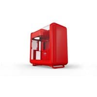 Red HYTE X50 mid tower case with clear side panel, rounded edges, and front ventilation design.