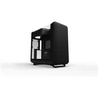 HYTE X50 mid tower case in pitch black, featuring a sleek design with a transparent side panel and rounded edges.