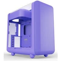 Purple HYTE X50 Midi Tower with rounded edges, transparent side panel, and vented front design.
