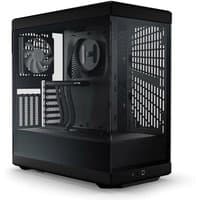 Black HYTE Y40 Midi Tower with tempered glass side panel, rear fan, and vented top for enhanced airflow.