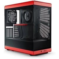 Black and red HYTE Y40 Midi Tower with transparent side panel, front ventilation, and top-mounted I/O ports.