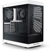 Black and white HYTE Y40 Midi Tower with transparent side panel and multiple cooling fan slots.