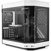 Black and white HYTE Y60 Midi Tower with tempered glass panels and ventilated side for PC building.