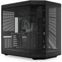 Black HYTE Y70 Midi Tower with tempered glass panels, mesh ventilation, and front I/O ports.