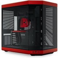Black and red HYTE Y70 Midi Tower with tempered glass panels and front USB ports.
