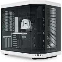 Black and white HYTE Y70 Midi Tower with tempered glass panels and front USB ports.