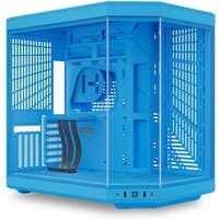 Blue HYTE Y70 midi tower case with angular design, clear side panels, and front I/O ports.