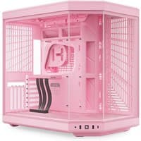 Pink HYTE Y70 Midi Tower with transparent panels, angular design, and front USB ports.