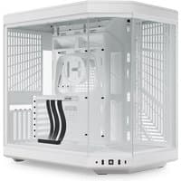 White HYTE Y70 Midi Tower with clear panels, mesh sides, and front I/O ports, showcasing a sleek, modern design.
