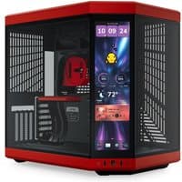 Black and cherry HYTE Y70 Touch Infinite Midi Tower with side touchscreen, mesh panels, and sleek modern design.