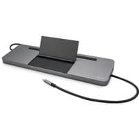Sleek silver i-tec USB-C docking station with black accents, three display ports, and integrated power delivery cable.