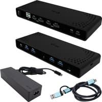 Black i-tec docking station with multiple ports, power adapter, and USB cables, supports dual 4K displays, 85W power delivery.