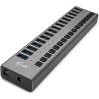 Gray i-tec USB 3.0 hub with 16 ports, black buttons, and power adapter connection on the side.