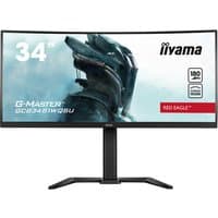 Curved 34" ultra-wide monitor by Iiyama, quad HD, 180Hz, FreeSync, black stand, G-Master branding on screen.