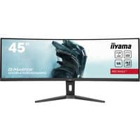 Curved ultra-wide 45" Iiyama monitor, black frame, Quad HD, 165Hz, AdaptiveSync, sleek stand, G-Master series.