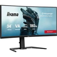 Curved 34" iiyama G-MASTER Red Eagle gaming monitor with slim bezels, 180Hz refresh rate, and sleek black stand.
