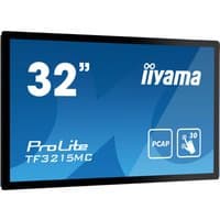 32" Iiyama ProLite touchscreen kiosk monitor, black frame, displaying blue screen with white text and icons.