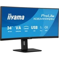 Curved ultra-wide 34” iiyama monitor with black frame, adjustable stand, and blue display screen showing specs.