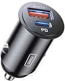 Black INIU car charger with USB-C and USB-A ports, metallic finish, labeled PD3.0 for fast charging.