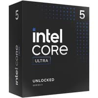 Intel Core Ultra 5 processor box, black with white text, blue dot pattern, and large number 5.