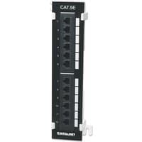 Black Intellinet 12-port Cat5e wall-mount patch panel with UTP connections and labeled ports.