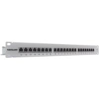 Intellinet 24-Port Cat6 FTP patch panel, 1U, shielded, with a sleek silver finish and 90° top-entry design.