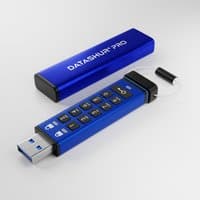 Blue iStorage datAshur Pro USB drive with numeric keypad and protective cap, 256-bit encryption, 128GB capacity.