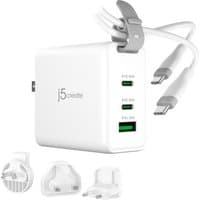 White j5create 65W GaN USB-C charger with three ports, changeable AC plugs, and USB-C cable with gray clip.