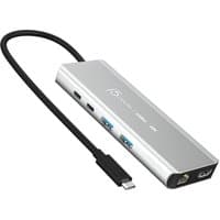 Silver j5create USB4 hub with multiple ports, including USB-C, USB-A, HDMI, and Ethernet, with attached black cable.
