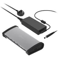 Grey j5create Thunderbolt 4 laptop dock with multiple ports, black edges, and accompanying power adapter.