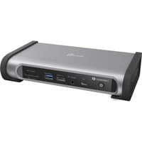 Black and silver j5create Thunderbolt 4 docking station with multiple ports and rounded edges.