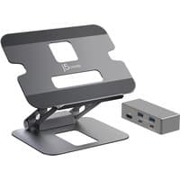 Gray j5create JTS327 4K docking stand with adjustable angles, rectangular cutouts, and separate USB-C hub.