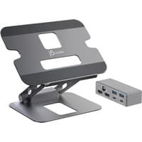 Gray j5create JTS427 docking stand with adjustable angles, dual 4K support, USB ports, and sleek rectangular design.