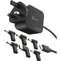 Black j5create 67W GaN PD USB-C mini charger with UK plug and six interchangeable DC connectors.