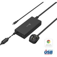 Black j5create 100W PD USB-C charger with UK plug, includes 1.2 m cable, rectangular design with logo on top.