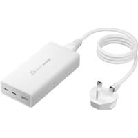 Black j5create GaN PD 3-port USB-C charger with UK plug and compact rectangular design.